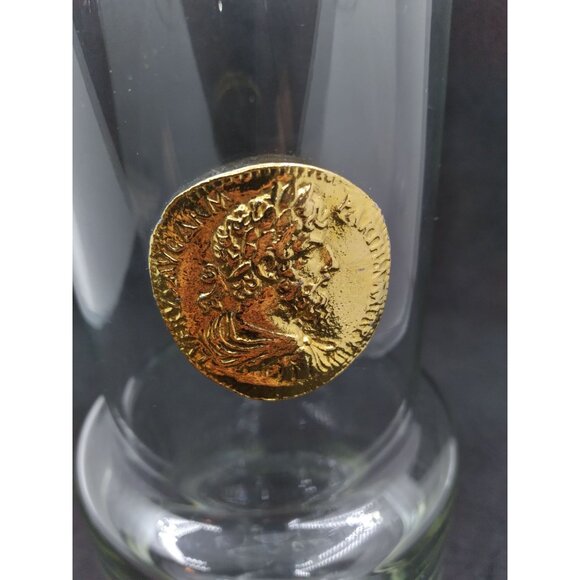 Mid-Century Modern Glass Cocktail Pitcher With Raised Antique Gold Finish Medall - Picture 8 of 12